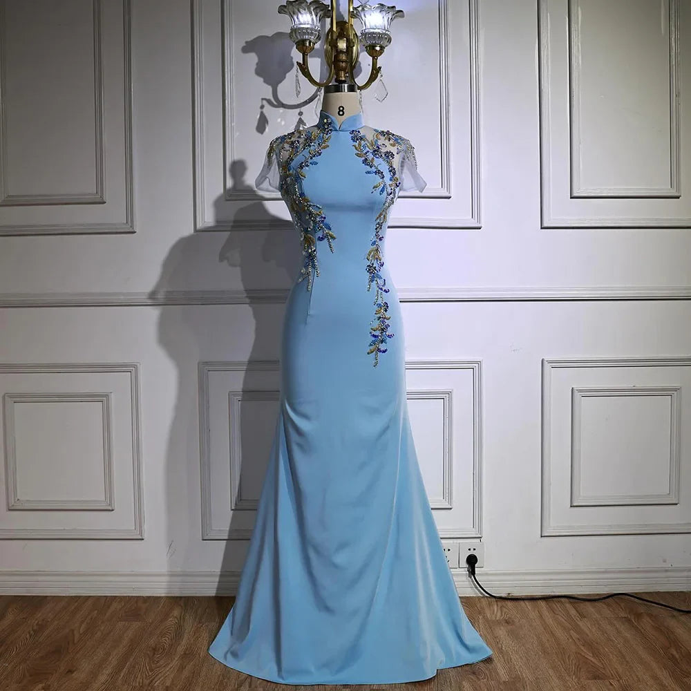 Luxury Mint Beaded Satin Mermaid Evening Dress with Corset LA72797
