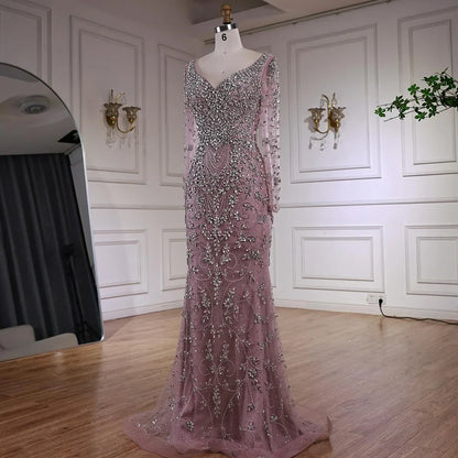 Luxury Nude Beaded Crystal Mermaid Evening Dress with Long Sleeves LA73042