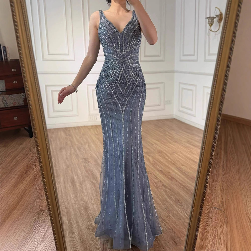 Brown V Neck Beaded Mermaid Evening Dress for Wedding Party LA73013