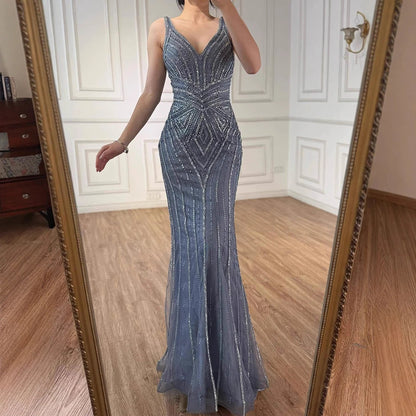 Brown V Neck Beaded Mermaid Evening Dress for Wedding Party LA73013