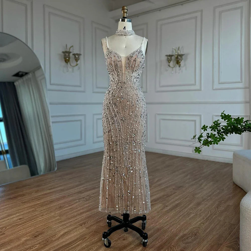 White Nude Beaded Mermaid Evening Dress with Spaghetti Straps LA72047D