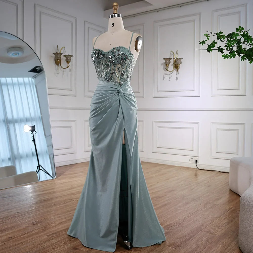 Luxury Light Green Satin Prom Dress with Lace and Slit LA73032A