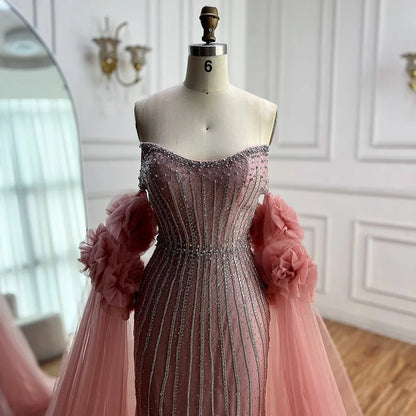 Luxury Pink Beaded Mermaid  Arabic Evening Dress with Cape LA73019