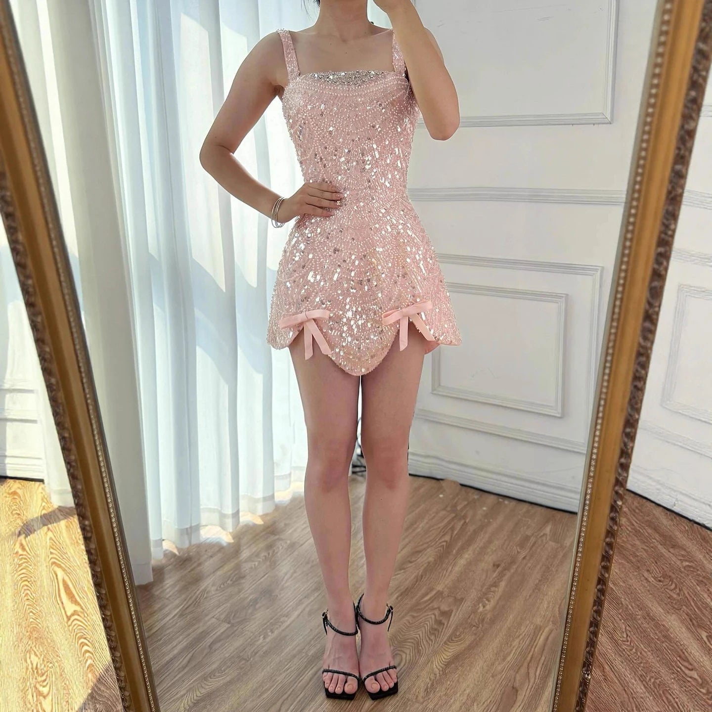 Luxury Nude Pearl Beaded A-Line Mini Evening Dress LA73211
