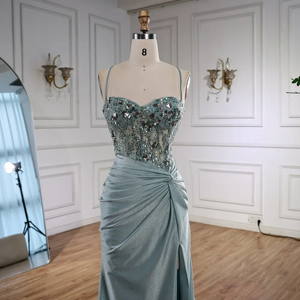 Luxury Light Green Satin Prom Dress with Lace and Slit LA73032A