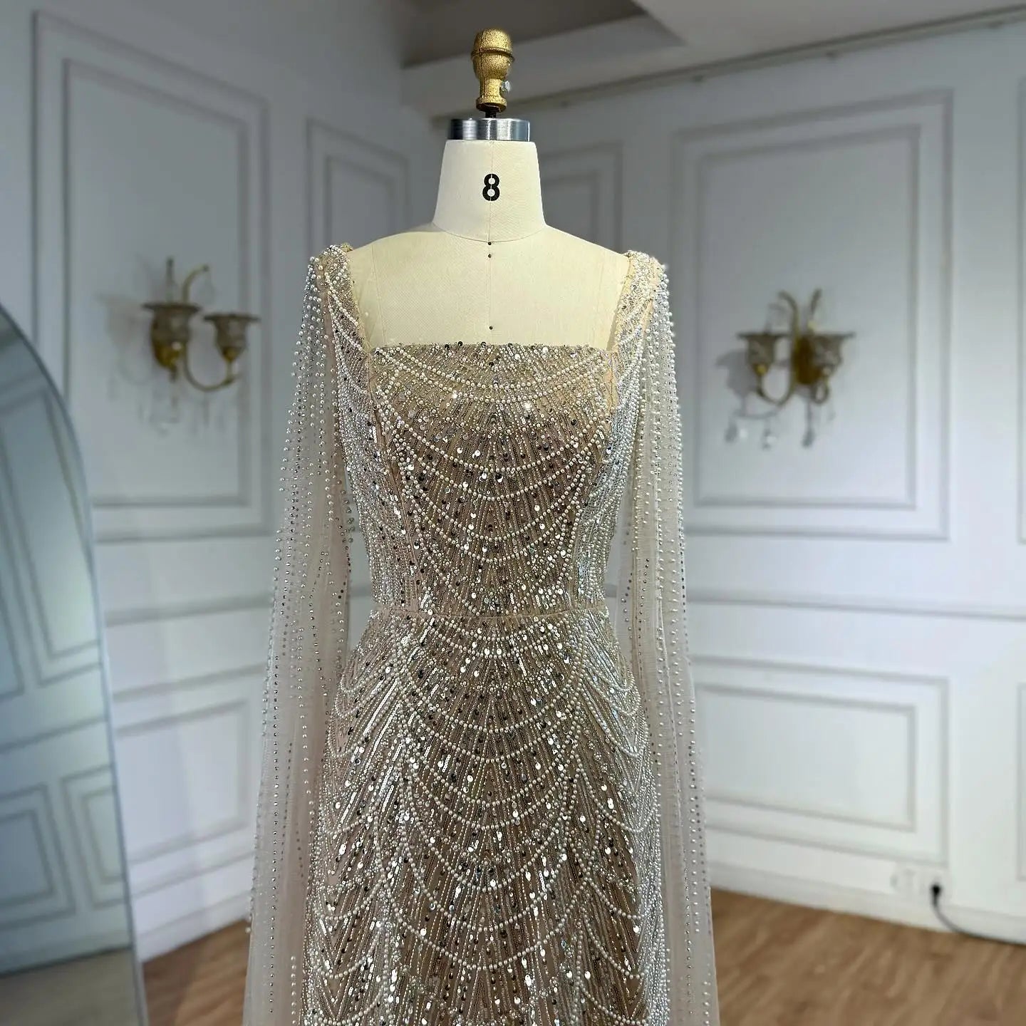 Luxury Dubai Nude Modest Muslin A-Line Evening Dress Plus Size LA72590B