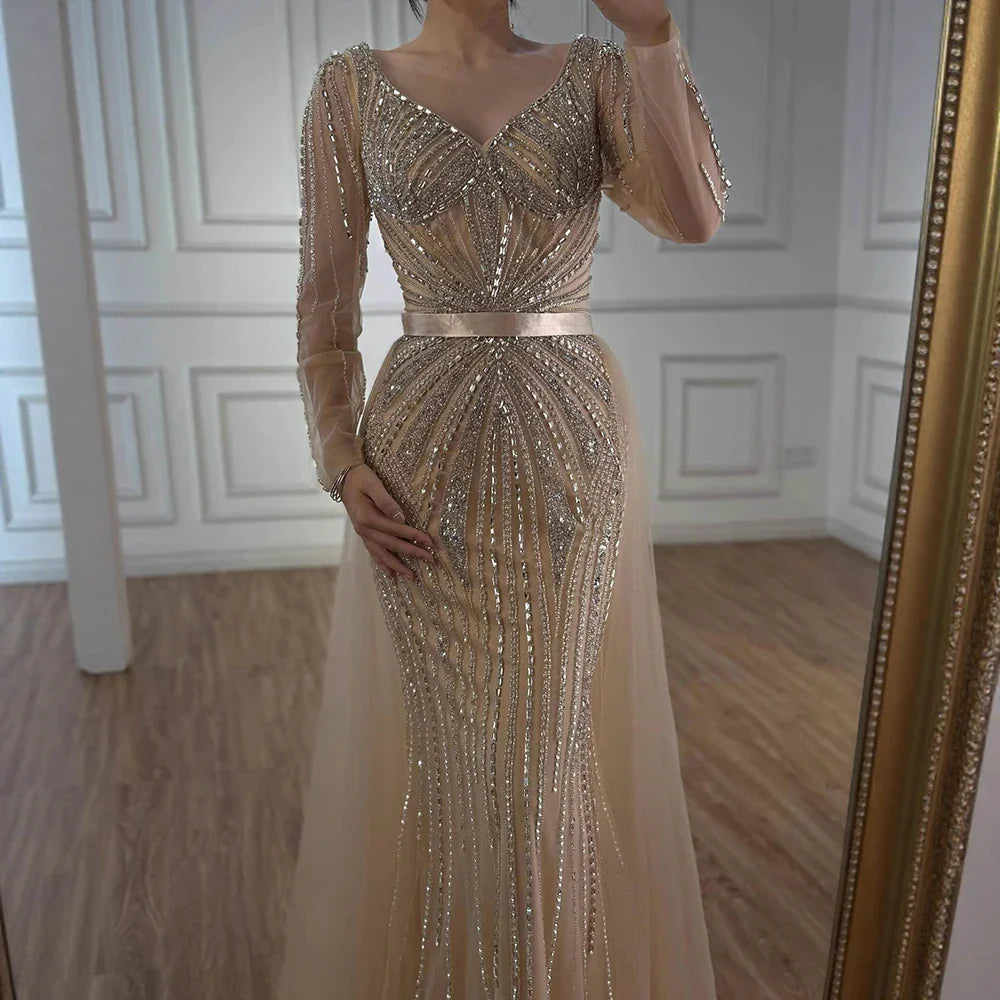 Luxury Nude Beaded Evening Dress with Detachable Overskirt LA73156