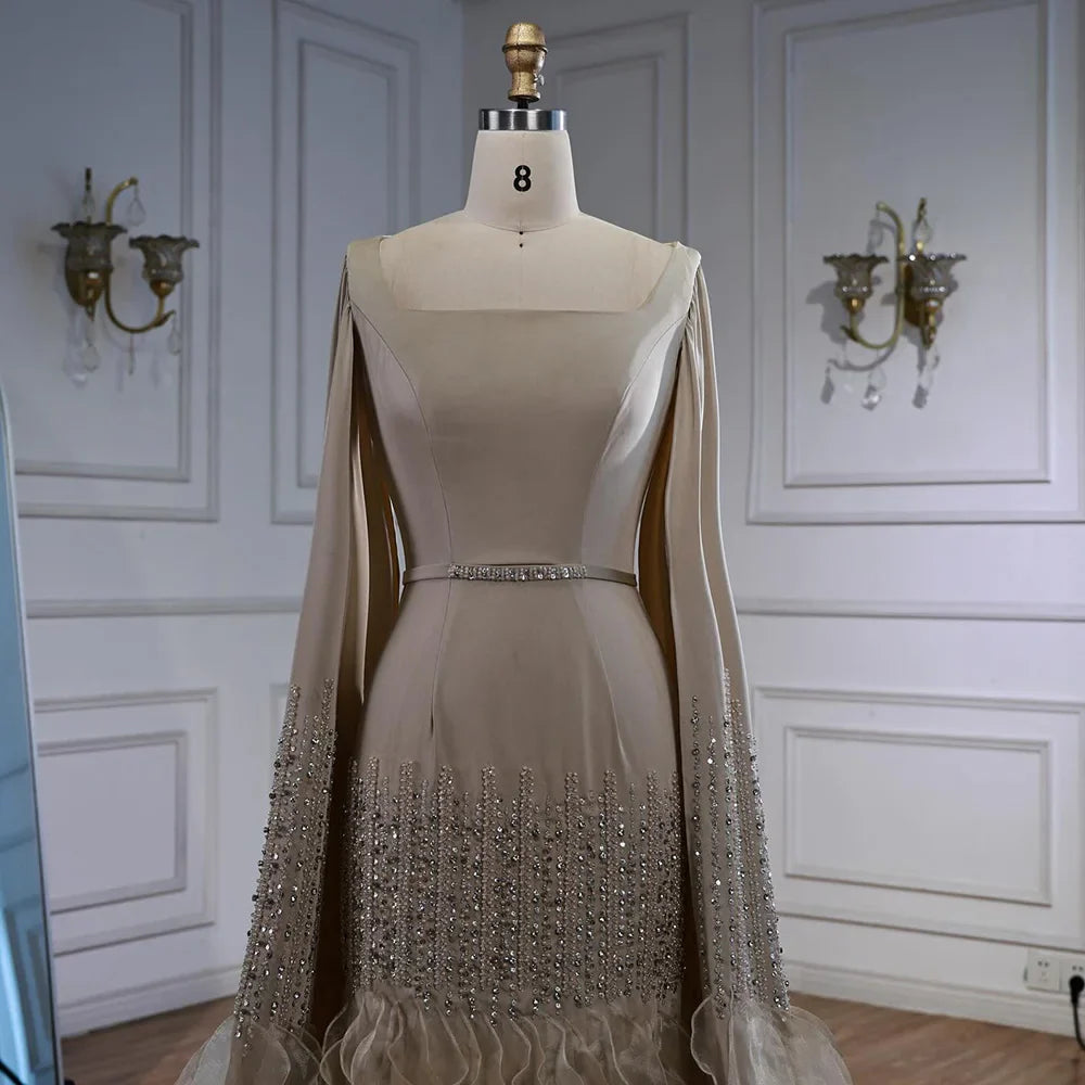 Elegant Nude Beaded Mermaid Evening Dress with Cape Sleeves LA72317C