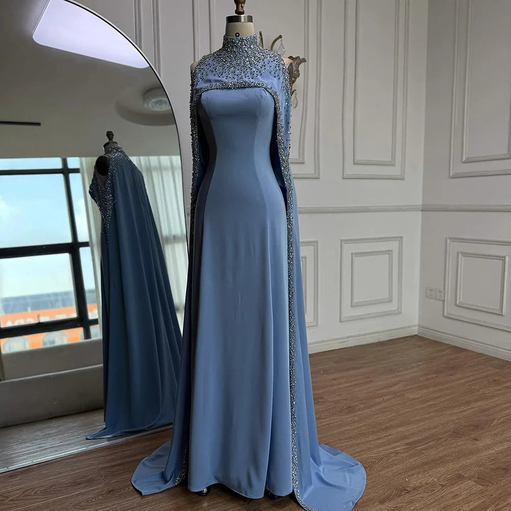 Elegant Blue High Neck Evening Dress with Crystals and Long Cape LA73068