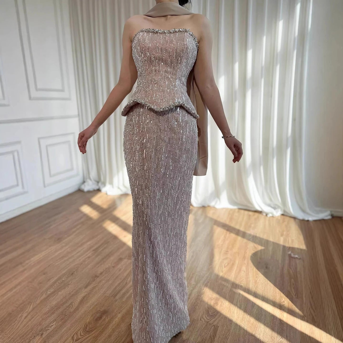 Luxury Nude 2 Pieces Pearl Sequin Evening Dress with Scarf LA73076A