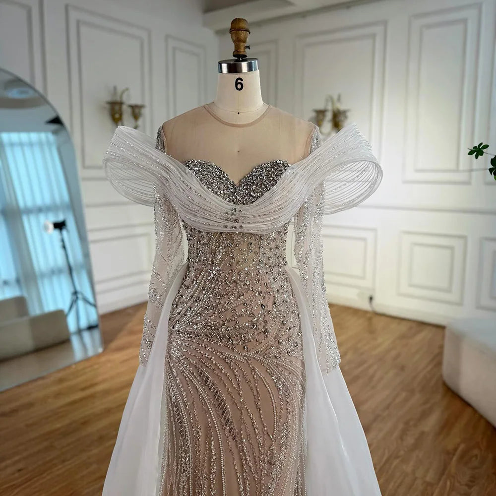 Elegant White Nude Sequin Beaded Mermaid Evening Gown LA72266C