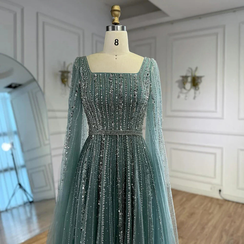 Luxury Dubai Square Neck Beaded Evening Gown with Cape LA73188