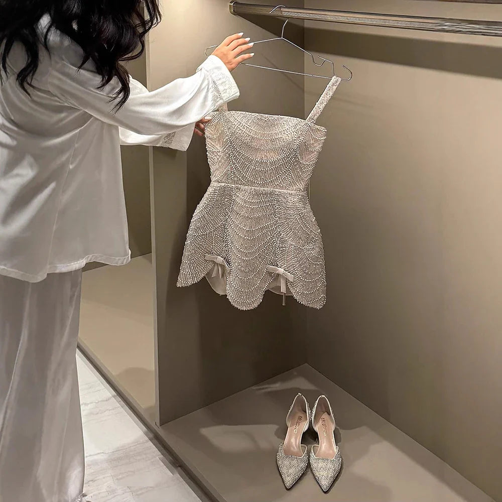 Luxury Nude Pearl Beaded A-Line Mini Evening Dress LA73211