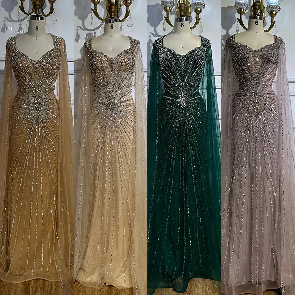 Luxury Dubai   Nude Cape Sleeves Beaded Saudi Arabic Evening Dresses Gowns for Formal Occasion LA72575A