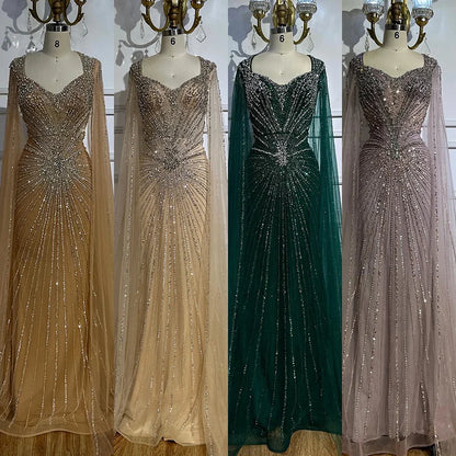 Luxury Dubai   Nude Cape Sleeves Beaded Saudi Arabic Evening Dresses Gowns for Formal Occasion LA72575A