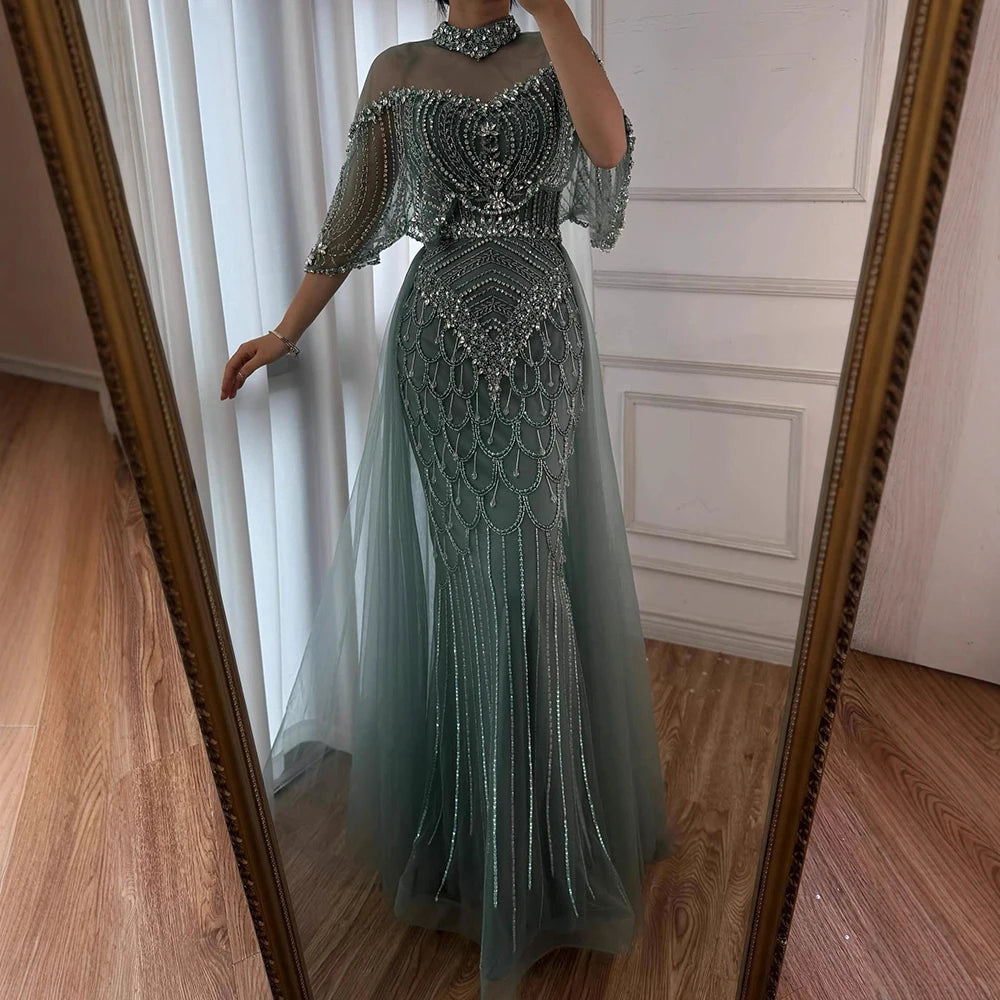Luxury Gray Beaded Evening Dress with Overskirt LA73129
