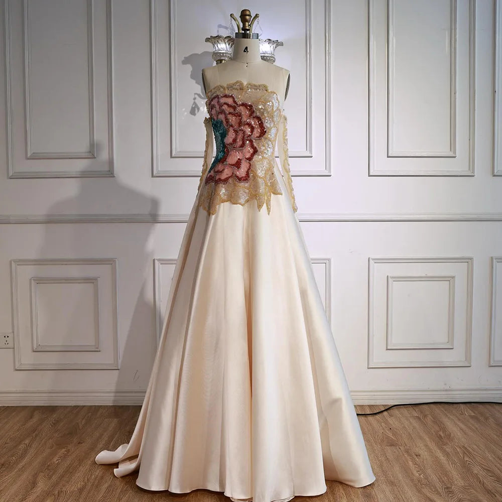 Strapless Satin A-Line Evening Dress with Sequin Bodice LA72195B