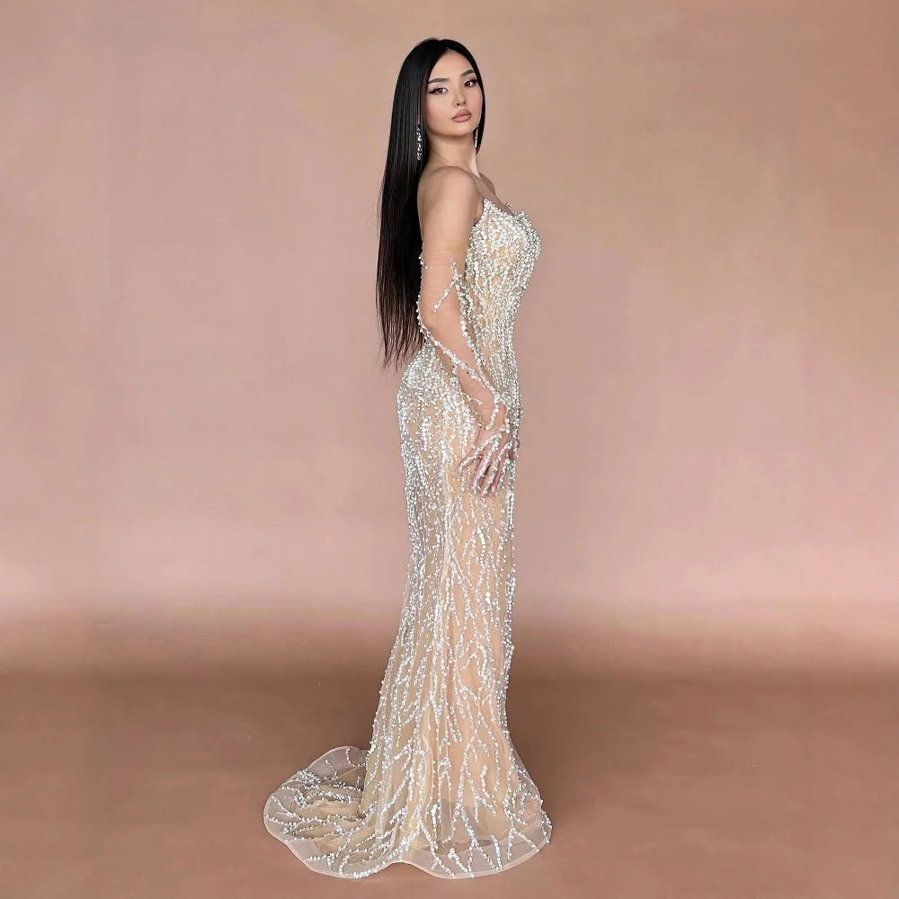 Luxury Nude Strapless Pearl Beaded Mermaid Evening Gown with Gloves LA72345C