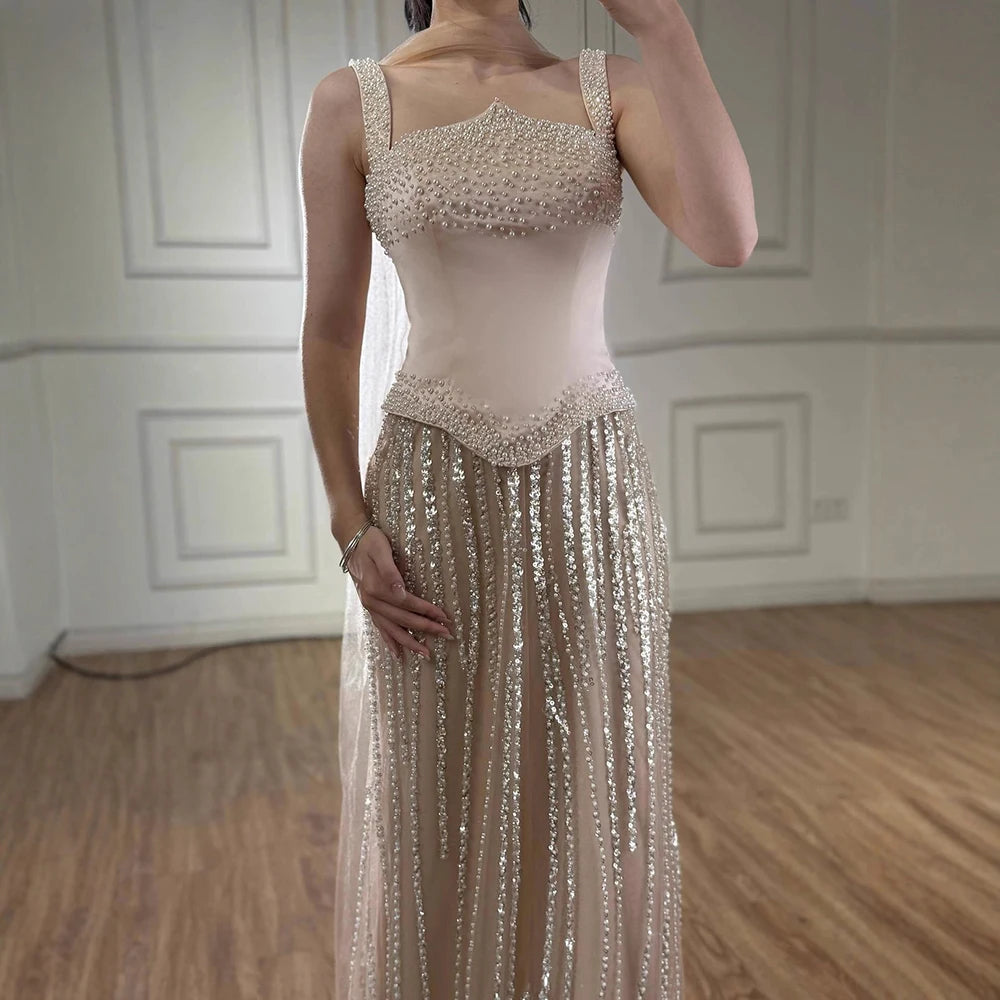 Glamorous Pink Strapless Mermaid Evening Dress with Pearls LA73070