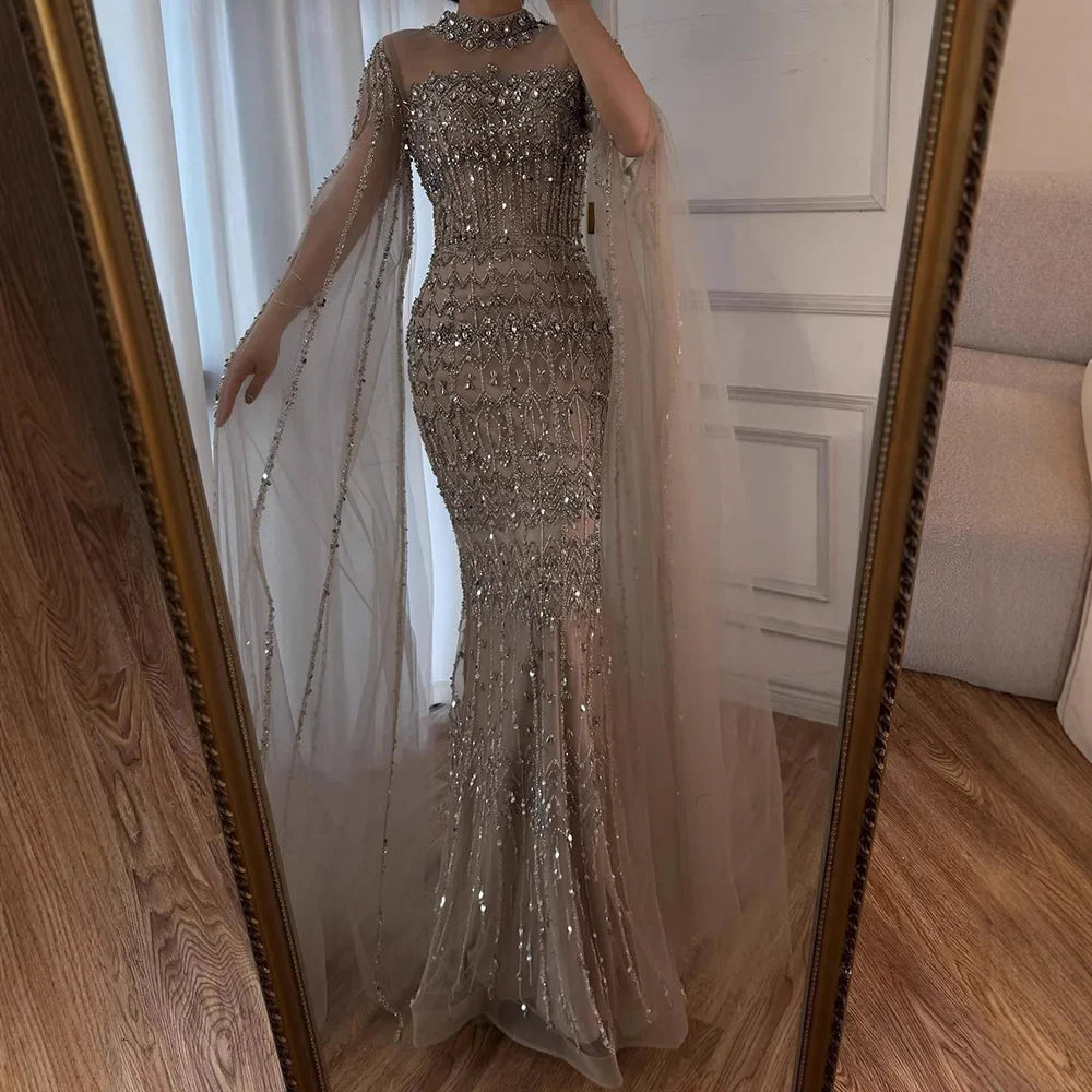 Luxury Nude Beaded Evening Dress with Long Cape Sleeves LA72714A