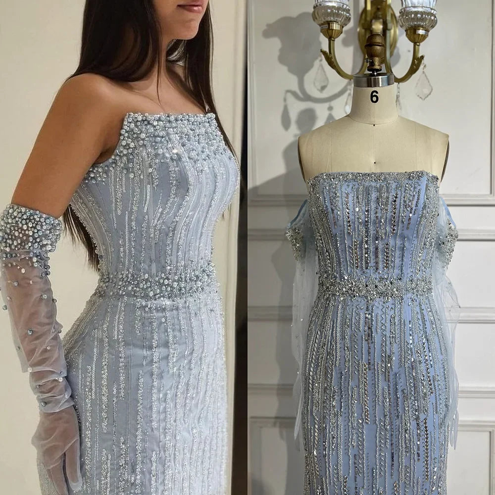 Light Blue Pearls Luxury Dubai Evening Dresses Elegant Strapless LA71950