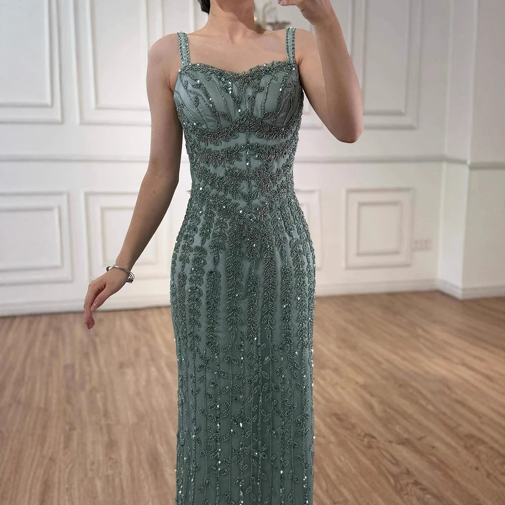 Luxury Arabic Blue Spaghetti Strap Mermaid Evening Dress Beaded LA72725