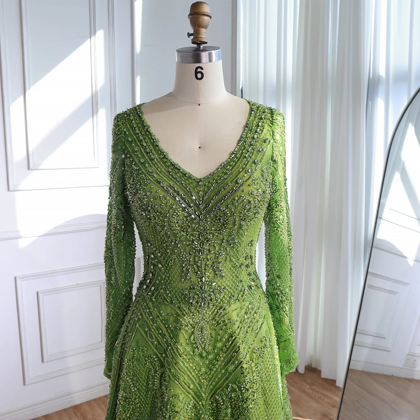Luxury Lime Green Lace Beaded Long Sleeve Evening Dress LA73324