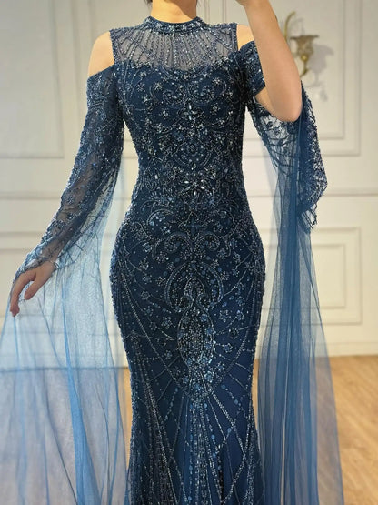 Luxury Dubai Navy Blue Beaded Lace Evening Dress with Cape Sleeves LA73323
