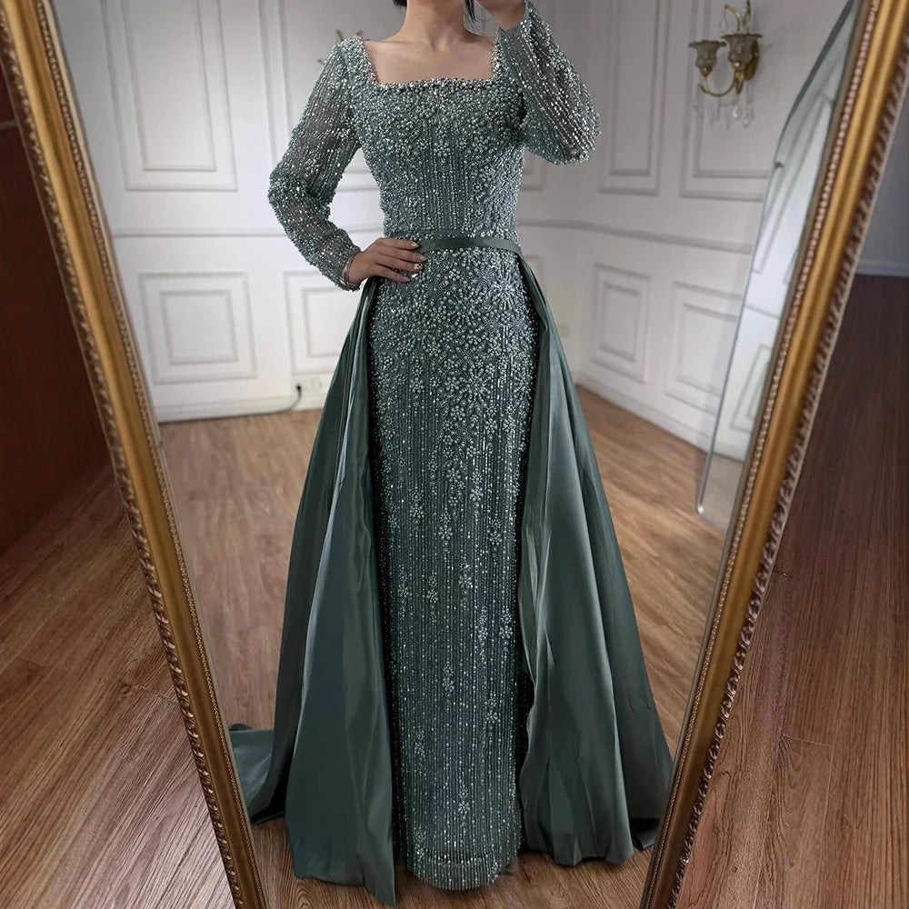 Luxury Arabic Turquoise Mermaid Beaded Evening Gown with Overskirt LA72533A