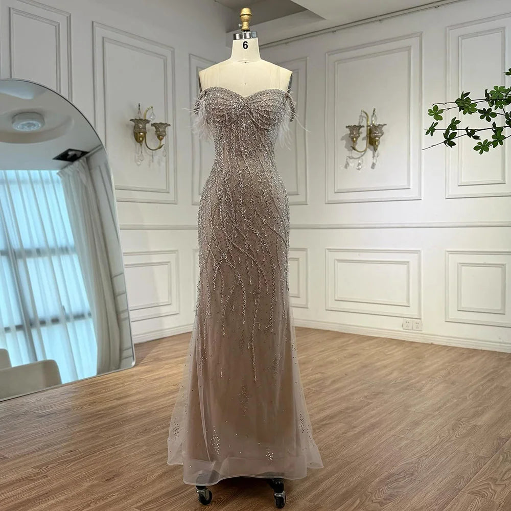 Luxury Dubai Nude Beaded Mermaid Evening Gown with Feather Formal Occasion LA72818