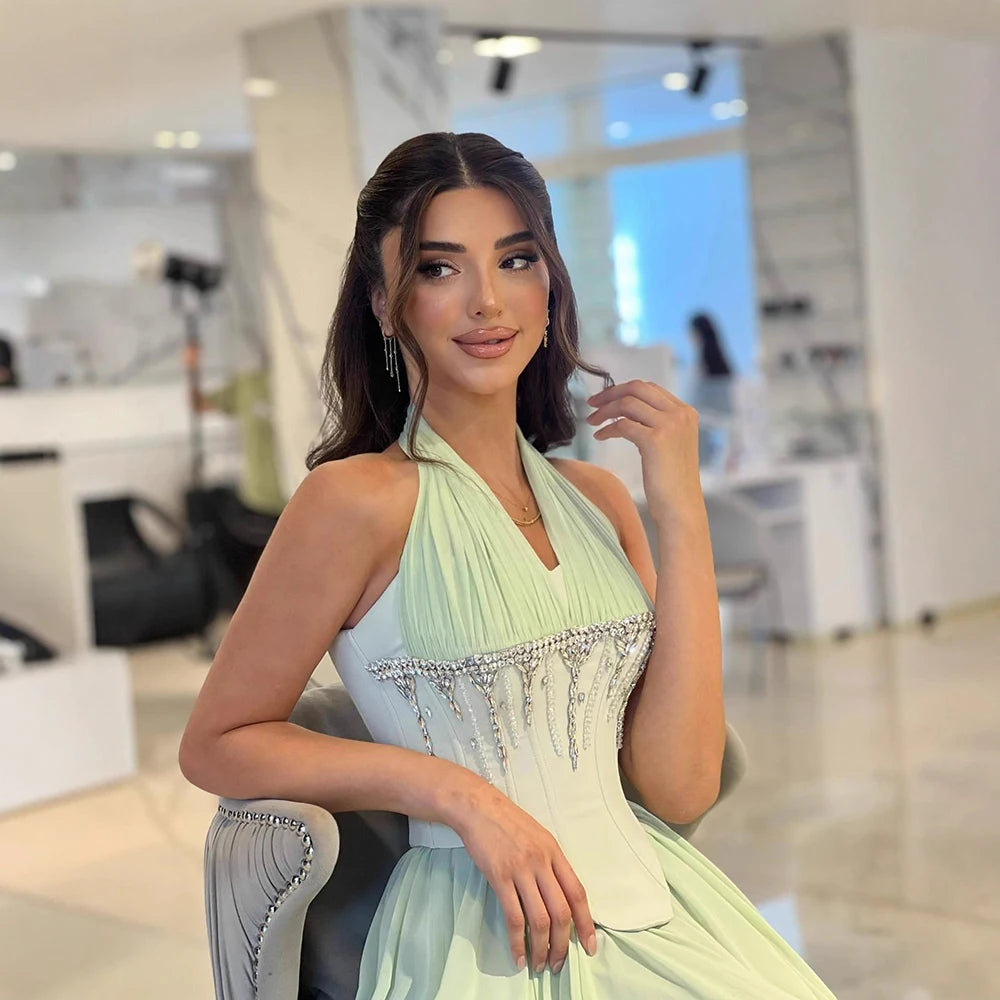 Luxury Designer Sage Green Chiffon Halter Beaded   Evening Dress LA73074