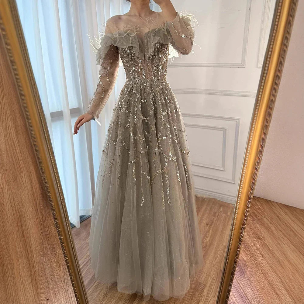 Luxury Caramel Beaded Feather A-Line Sparkle Evening Dress LA71328A