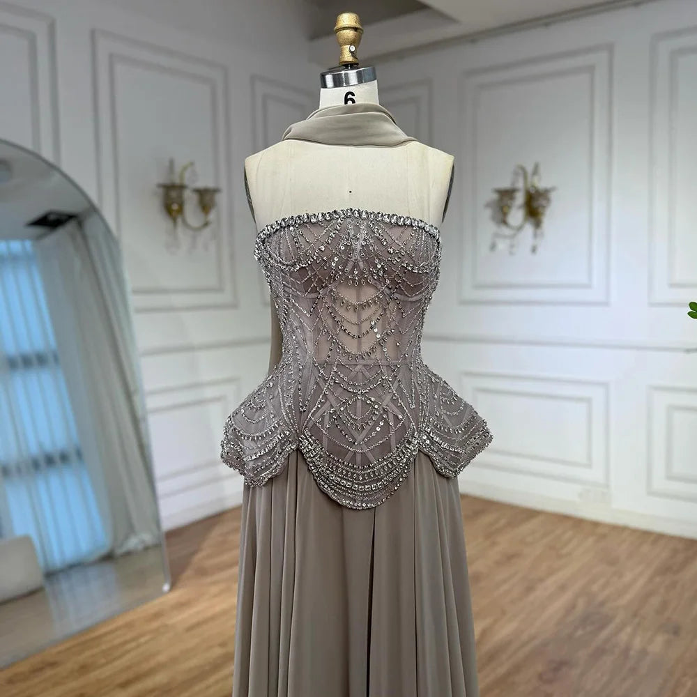 Luxury Designer Nude Beaded Chiffon Evening Dress Wedding LA72915