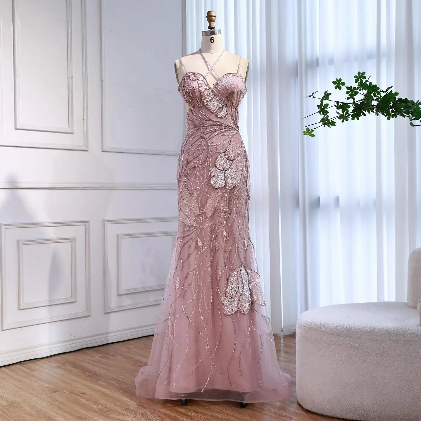 Luxury Pink Beaded Mermaid Evening Dress with Spaghetti Straps LA72492