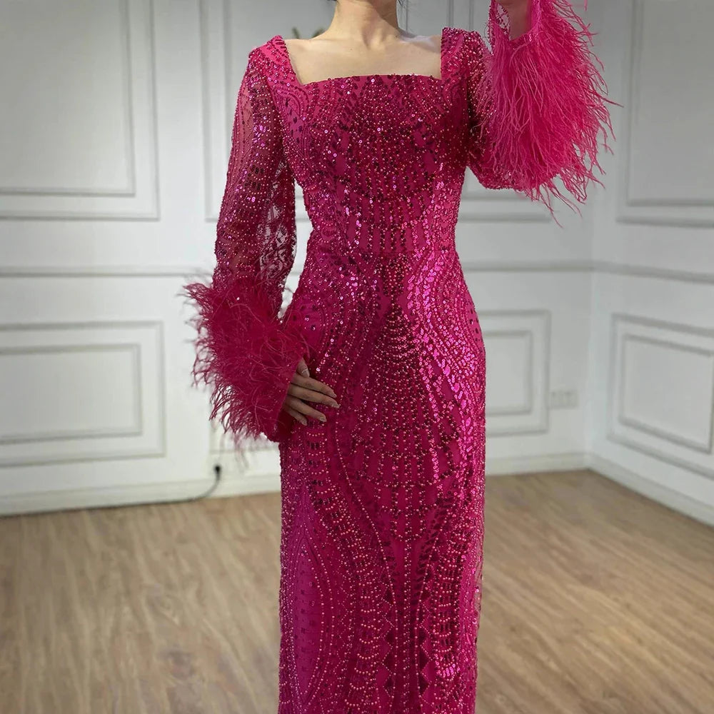 Luxury Fuchsia Dubai Evening Dress Long Sleeves with Feather LA72565