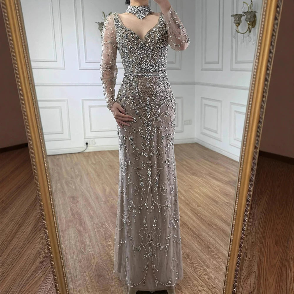 Luxury Caramel Beaded Crystal Mermaid Evening Dress Long Sleeves LA73042B