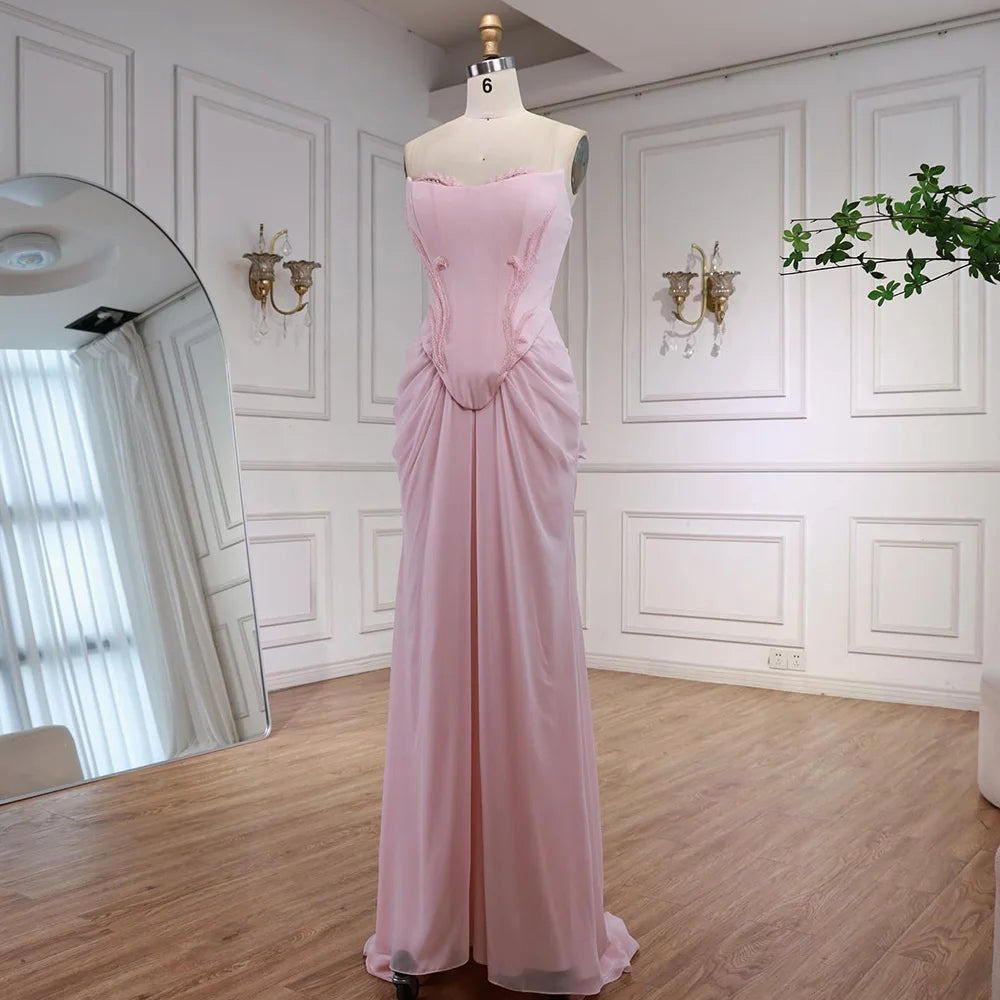 Pink Strapless Draped Satin Evening Dress with Rose Neck LA72946