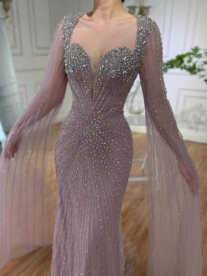 Luxury Caramel Crystal Beaded Mermaid Evening Dress with Cape LA72575D