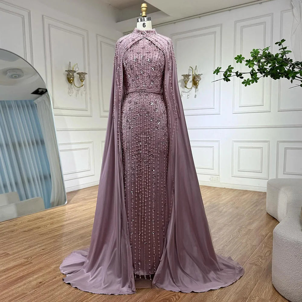 Luxury Blue Muslim Mermaid Beaded Evening Gowns with Cape Sleeves LA72533