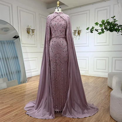 Luxury Blue Muslim Mermaid Beaded Evening Gowns with Cape Sleeves LA72533