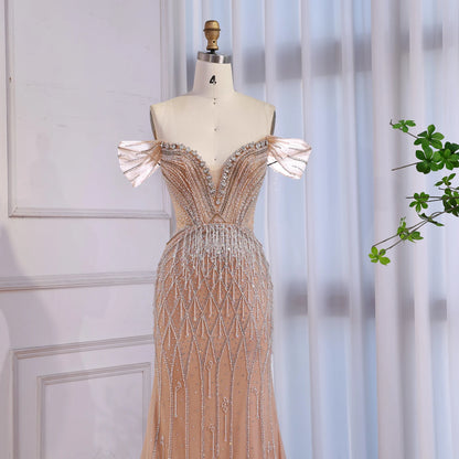 Luxury Nude Off Shoulder Beaded Tassel Evening Dress LA72854A