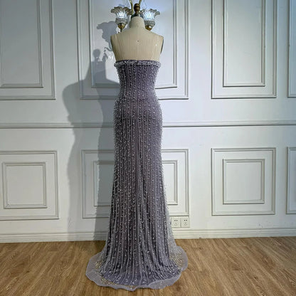 Elegant Crystal Beaded   Lilac Mermaid Evening Gown LA72950