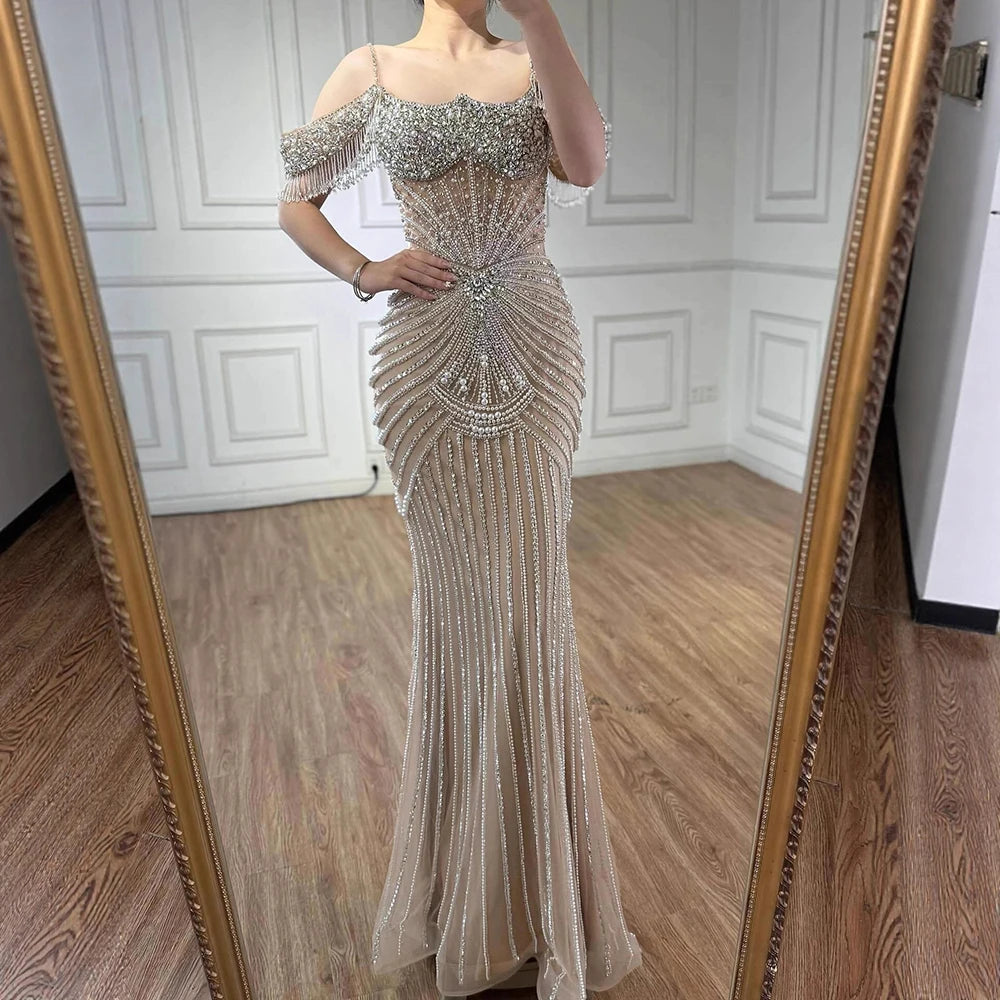 Luxury Sage Green Pearls Beaded Mermaid Evening Dress Off Shoulder LA73148