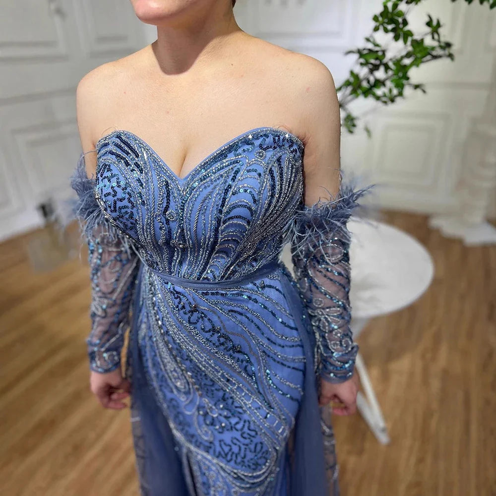 Luxury Arabic Nude Mermaid High Split Feather Beaded Evening Dress LA71910