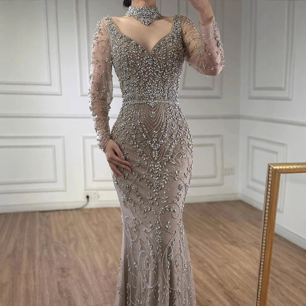 Luxury Caramel Beaded Crystal Mermaid Evening Dress Long Sleeves LA73042B