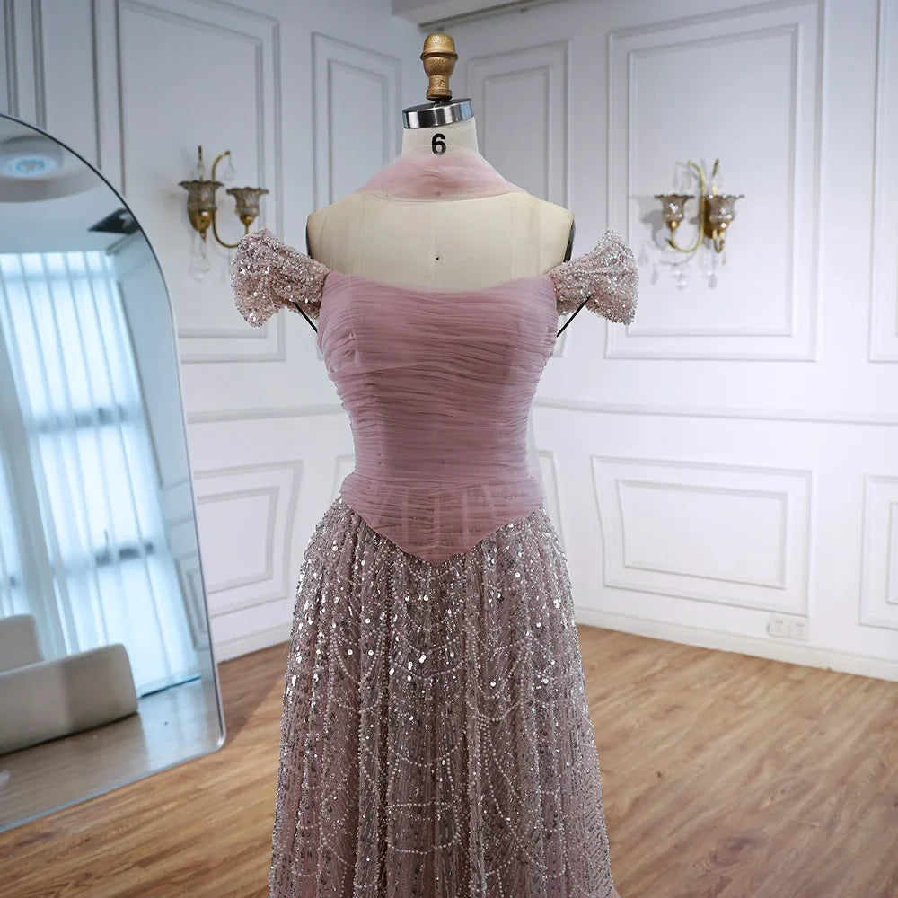 Luxury  Arabic  Pink Pearls  Evening Dress  With Cape LA72922