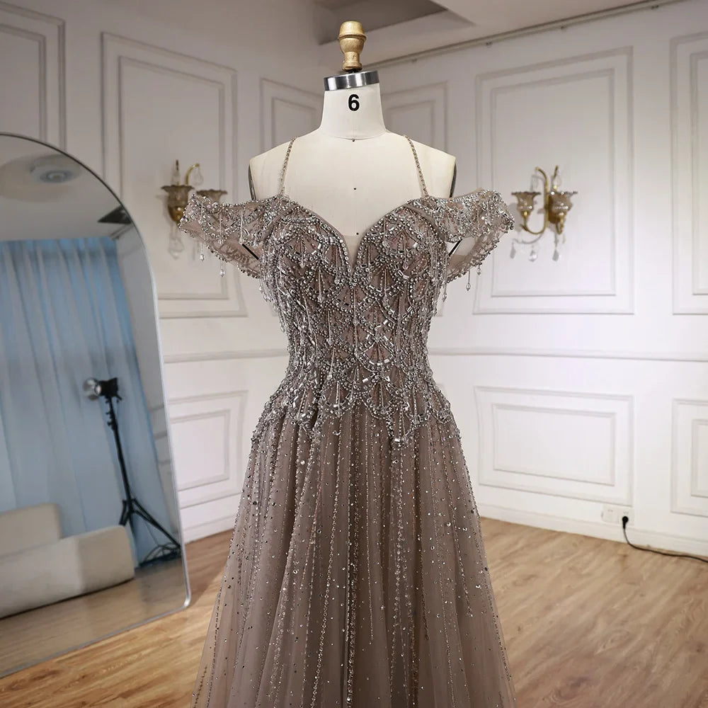 Luxury Arabic Caramel Off Shoulder Beaded A Line Evening Dress LA71606