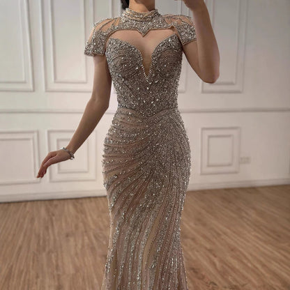Nude Mermaid Evening Dress with Detachable Beaded High Neck LA73087