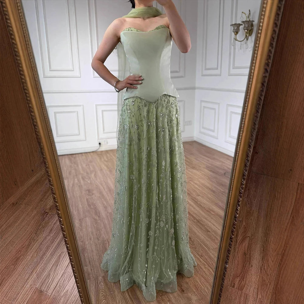 Luxury Sage Green and Pink Arabic Strapless Beaded Evening Dress LA72805D