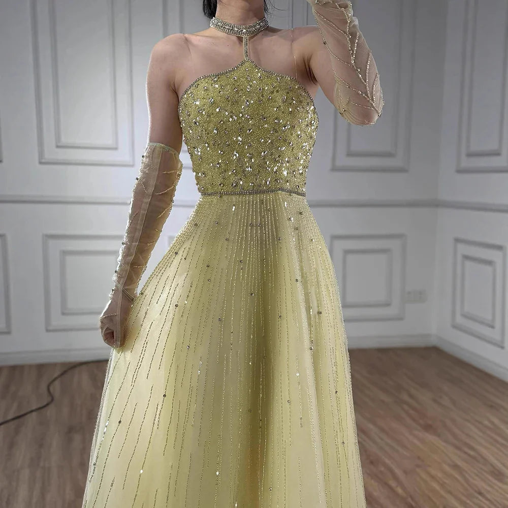 Sparkly Luxury Beaded Yellow Halter Evening Dress Gloves Saudi LA72948